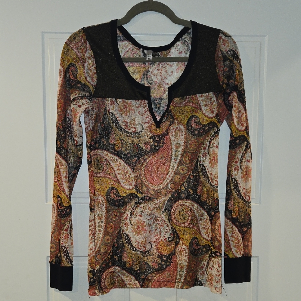 BKE Multicolor Sheer Paisley Long Sleeve Blouse